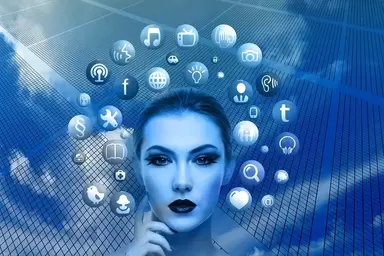 woman's head shading in blue with several social media icons around her head including facebook, twitter,instagram